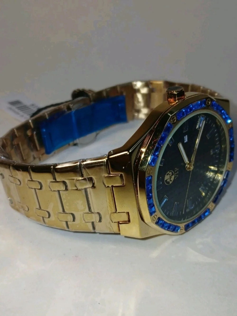 AJ VIP High Quality Mens Gold Tone Watch Blue Bezel Dial Date New With Box Tag